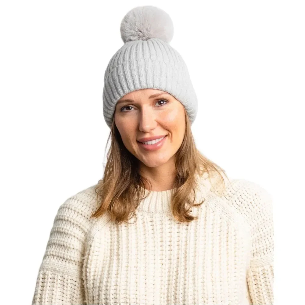 Hat Attack Gray Classic Ribbed Beanie Faux Fur Pom Women's One Size NWOT